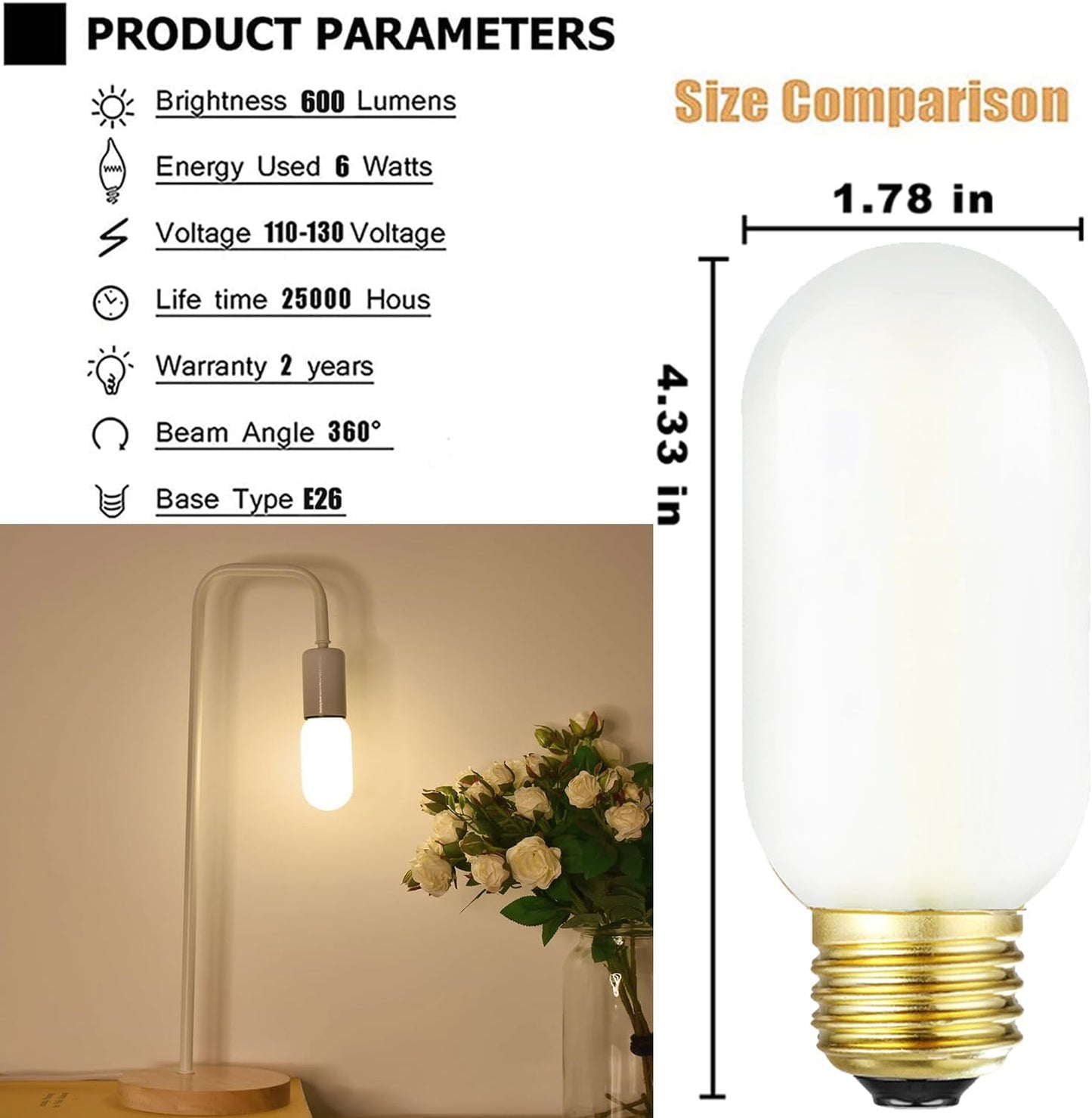 Bombilla LED E26 6W blanco cálido 2700K regulable tubular T14