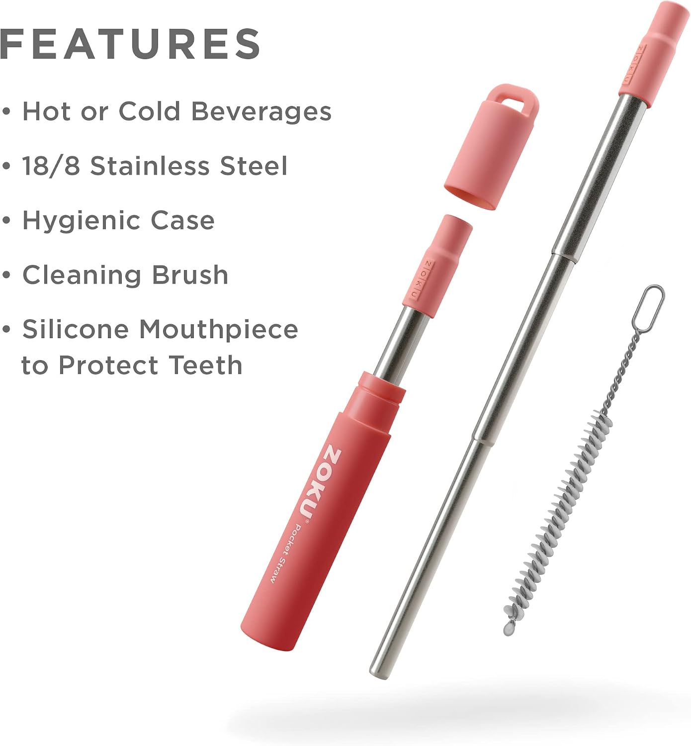 Popote acero inox plegable con cepillo rojo