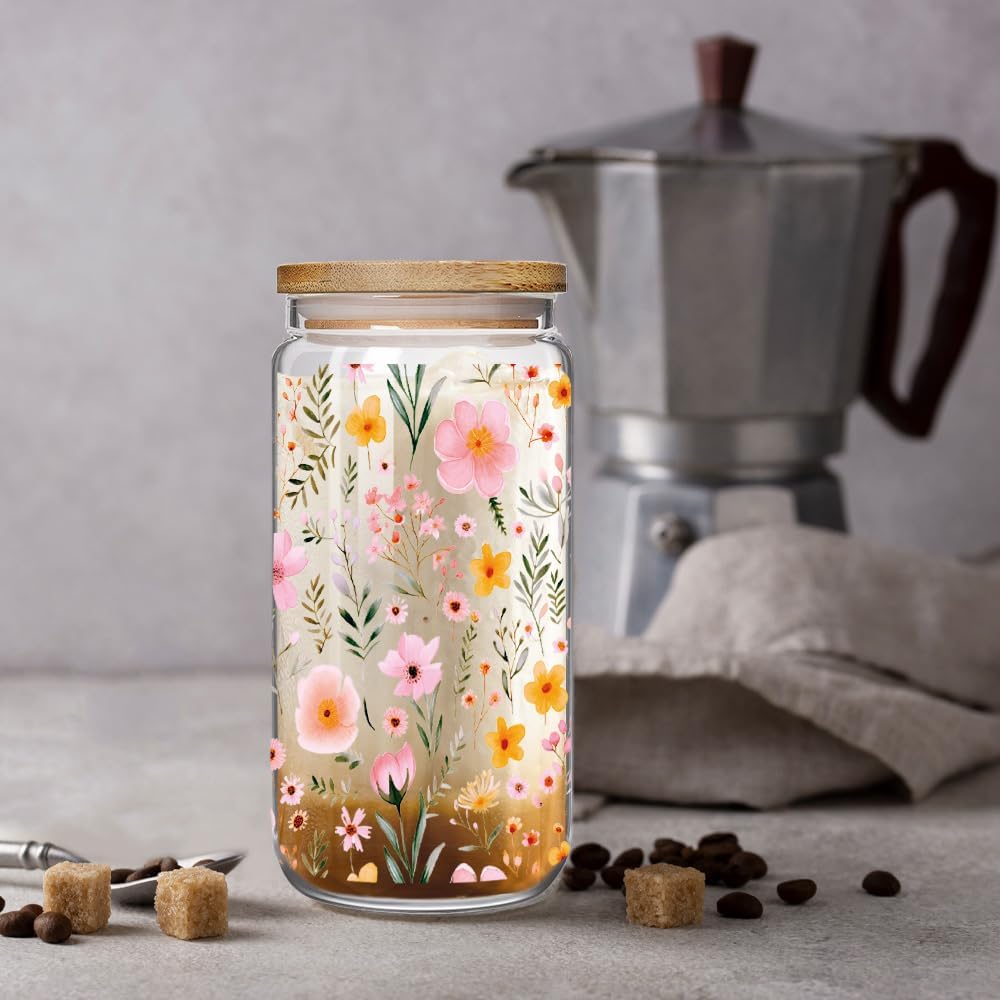 Vaso flor de vidrio 16oz con tapa y pajita bambú para café