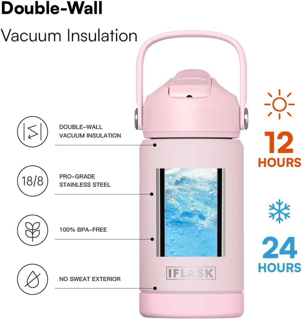 Botella agua niños 12oz acero inox doble pared sin BPA rosa
