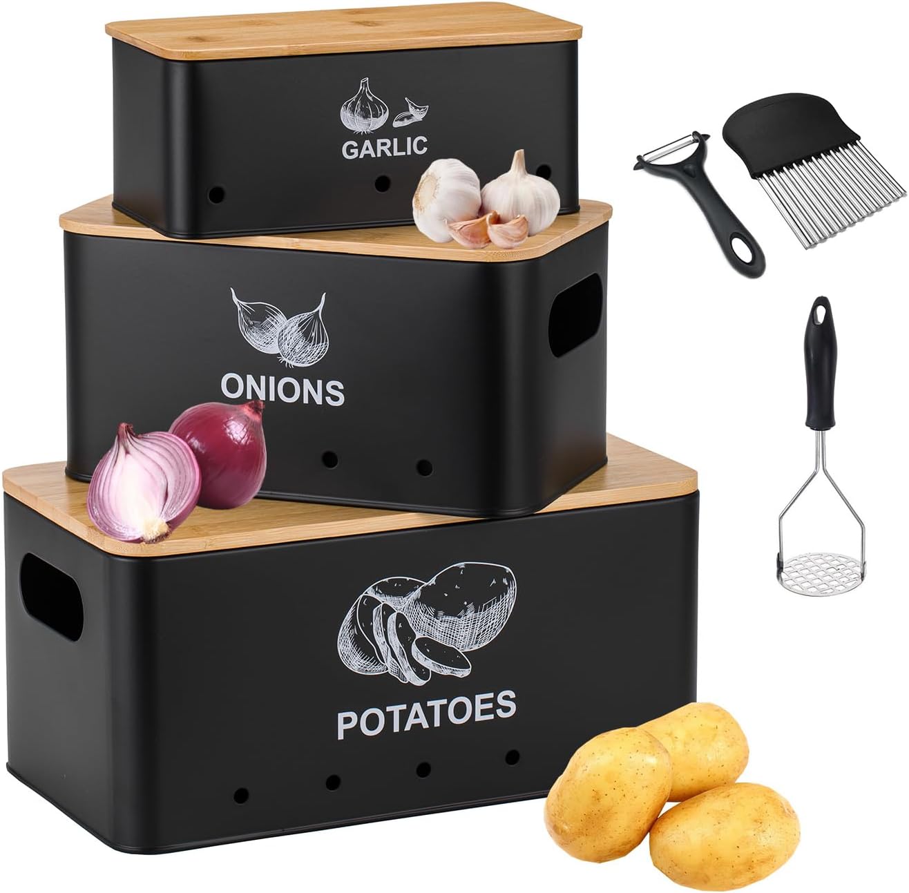 Set 3 latas almacenamiento papas cebolla acero inox