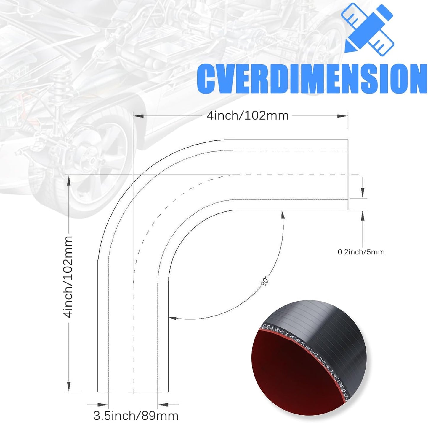Acoplador codo manguera silicona 3.5" ID 80 PSI reforzado