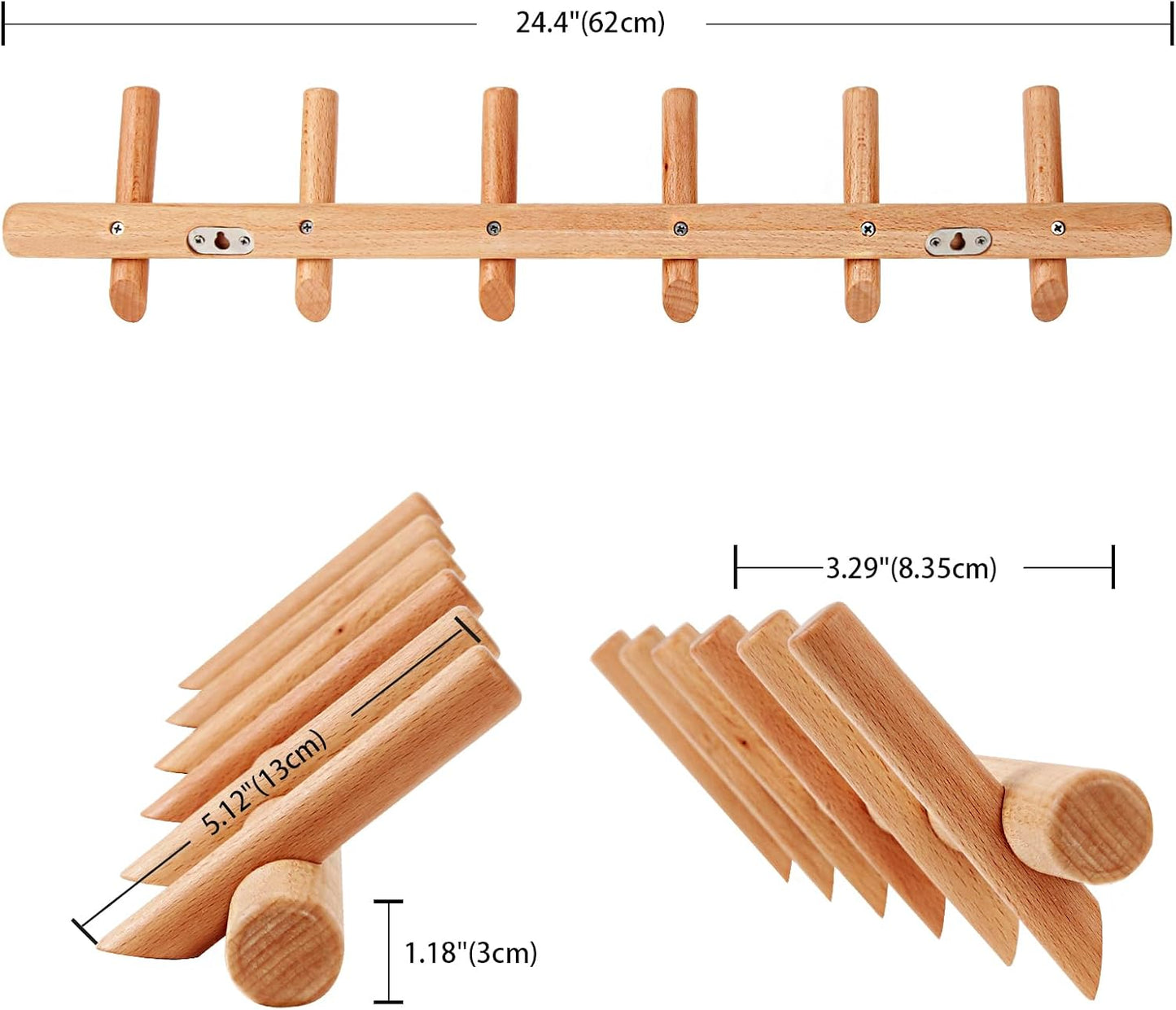 Perchero madera pared 6 ganchos clavos elegante