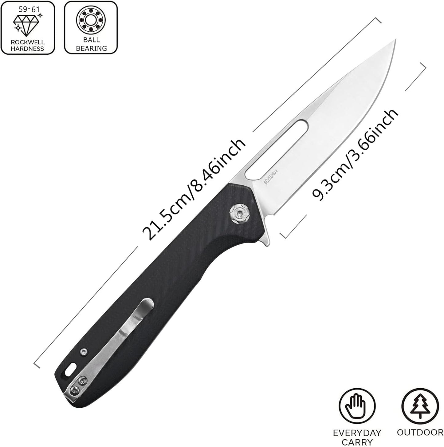 Cuchillo plegable acero 8Cr18Mov mango G10 EDC negro