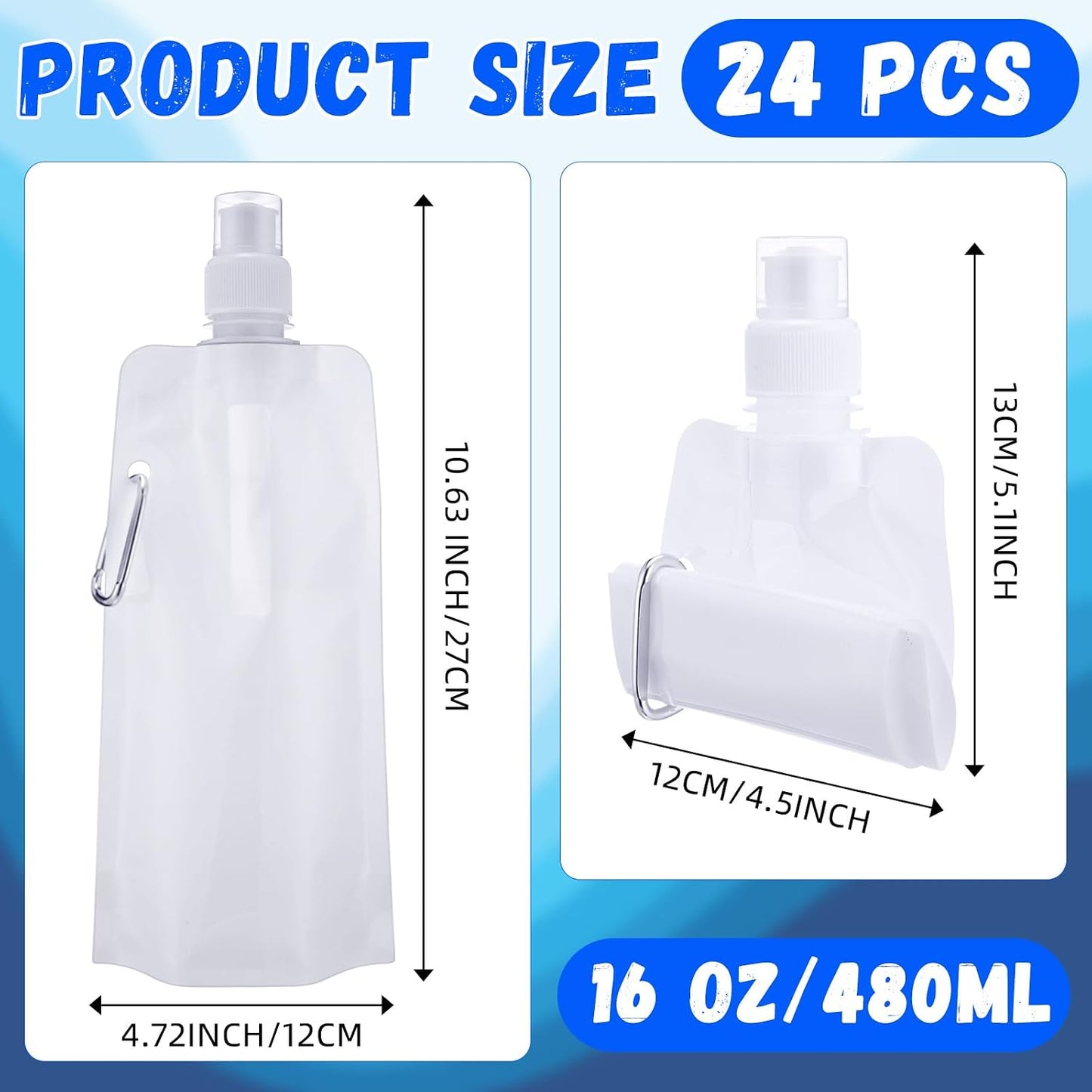 24 Pzas Botellas Agua Plegables 16oz Mosquetón Reutilizables