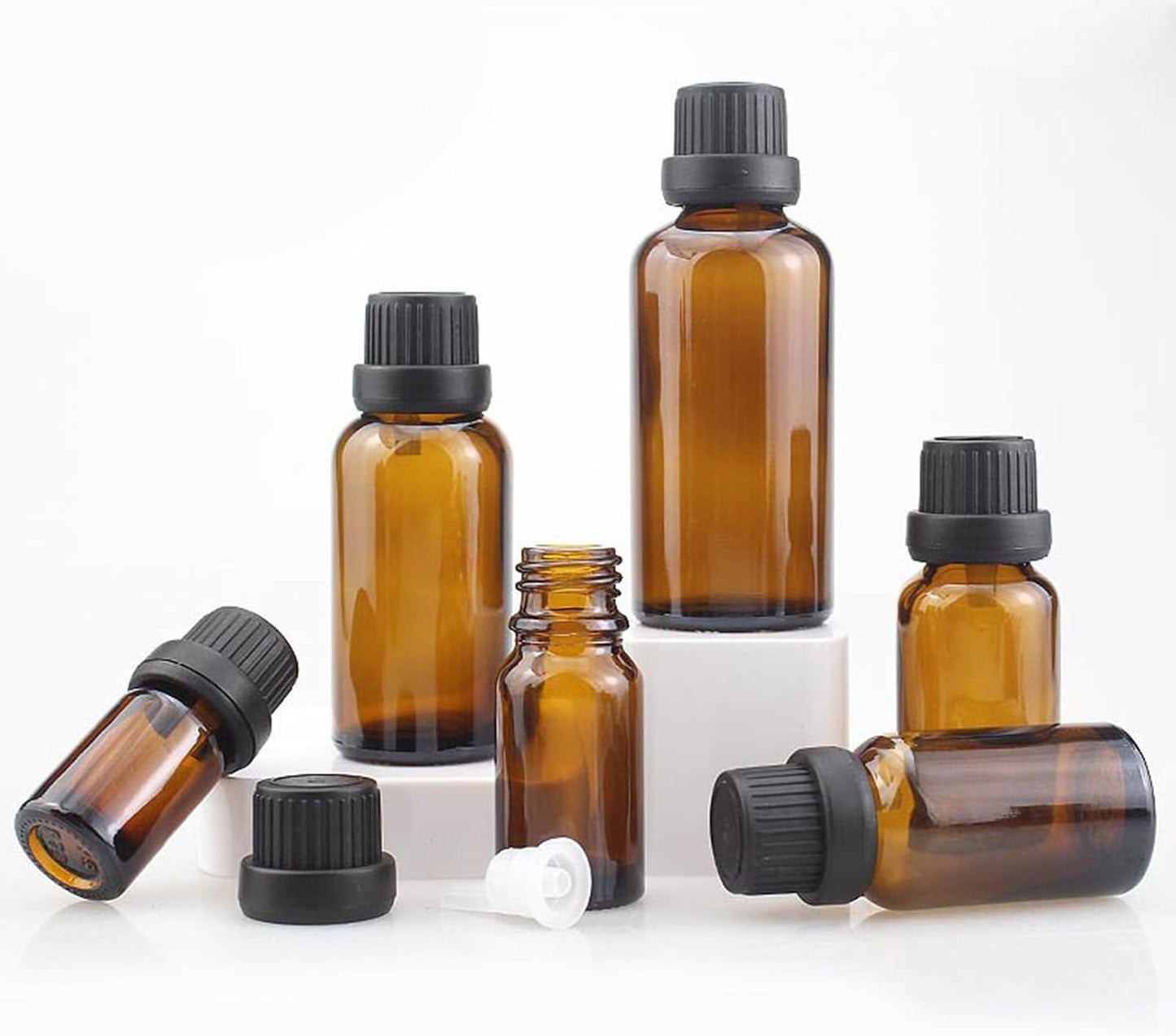 Set 50 frascos vidrio ámbar 0.3oz con tapa y reductor