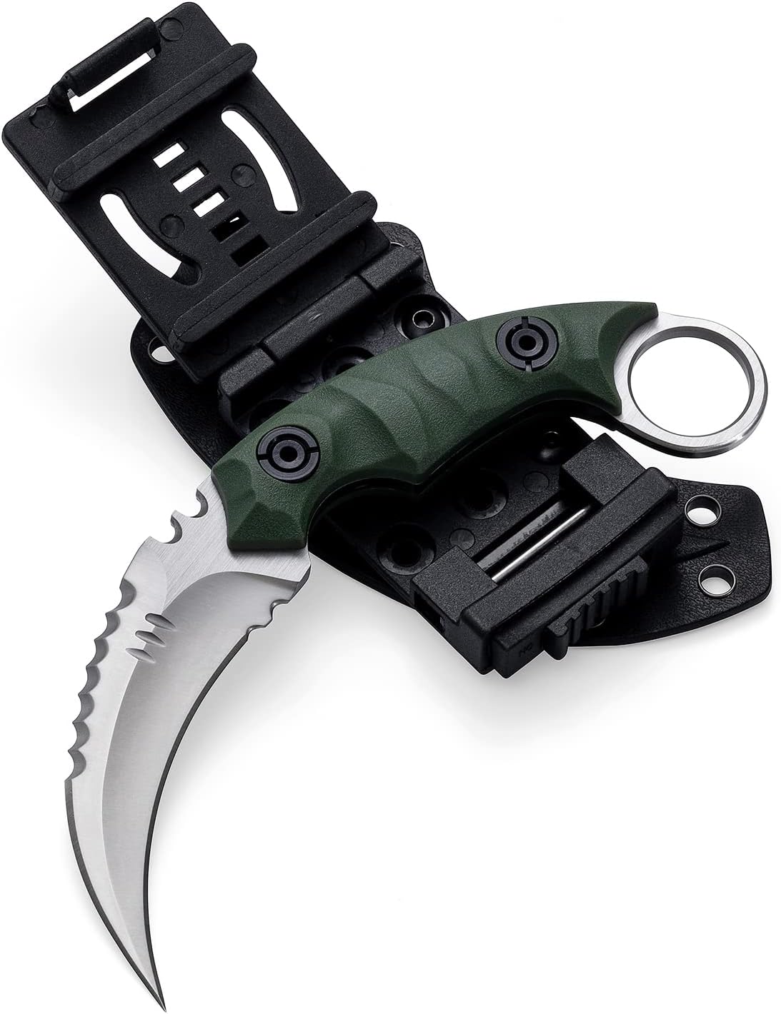 Cuchillo táctico EDC hoja D2 mango G10 funda Kydex verde