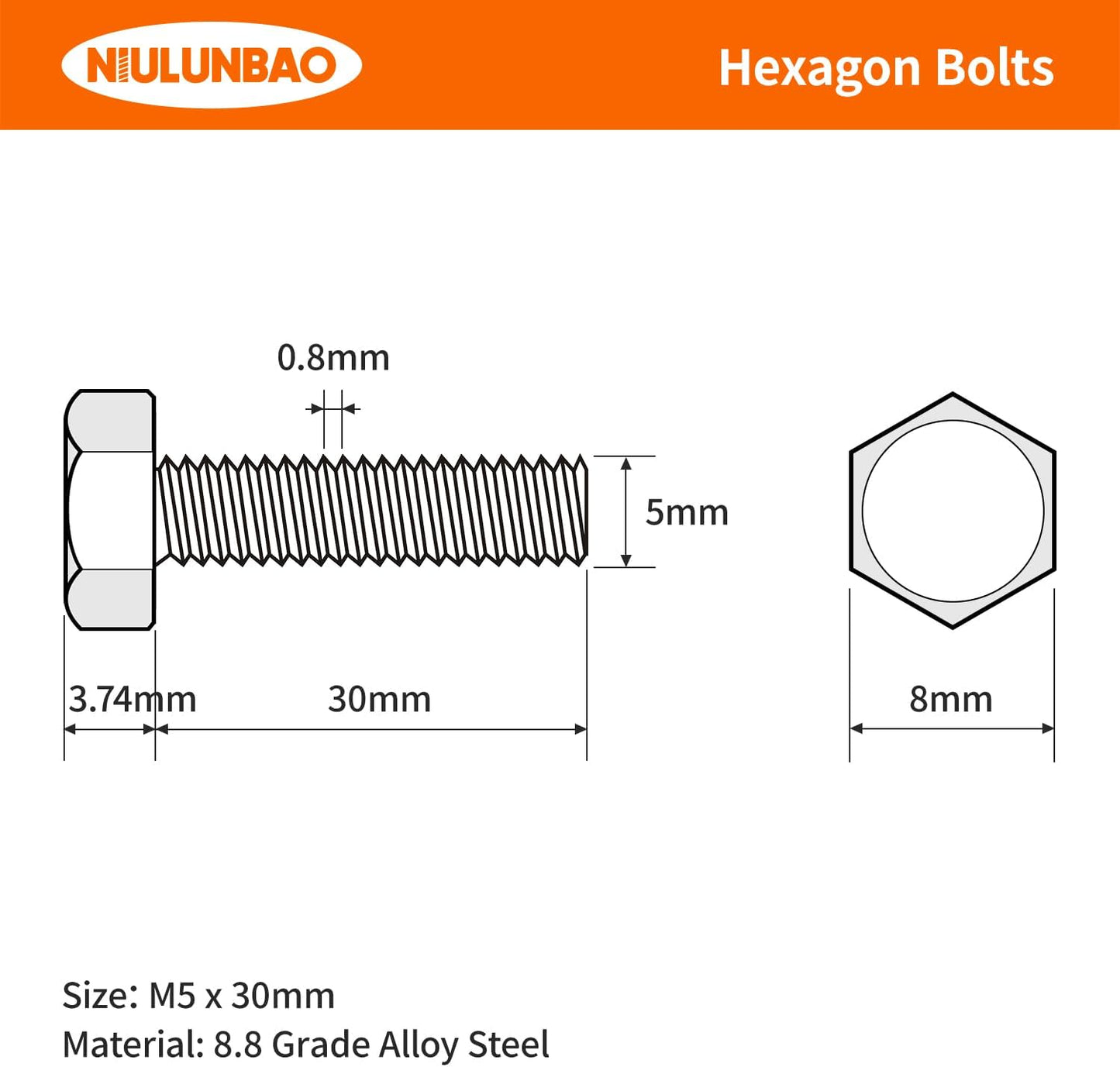 Pernos hex m5-0.8x30mm acero grado 8.8 negro 50pzas