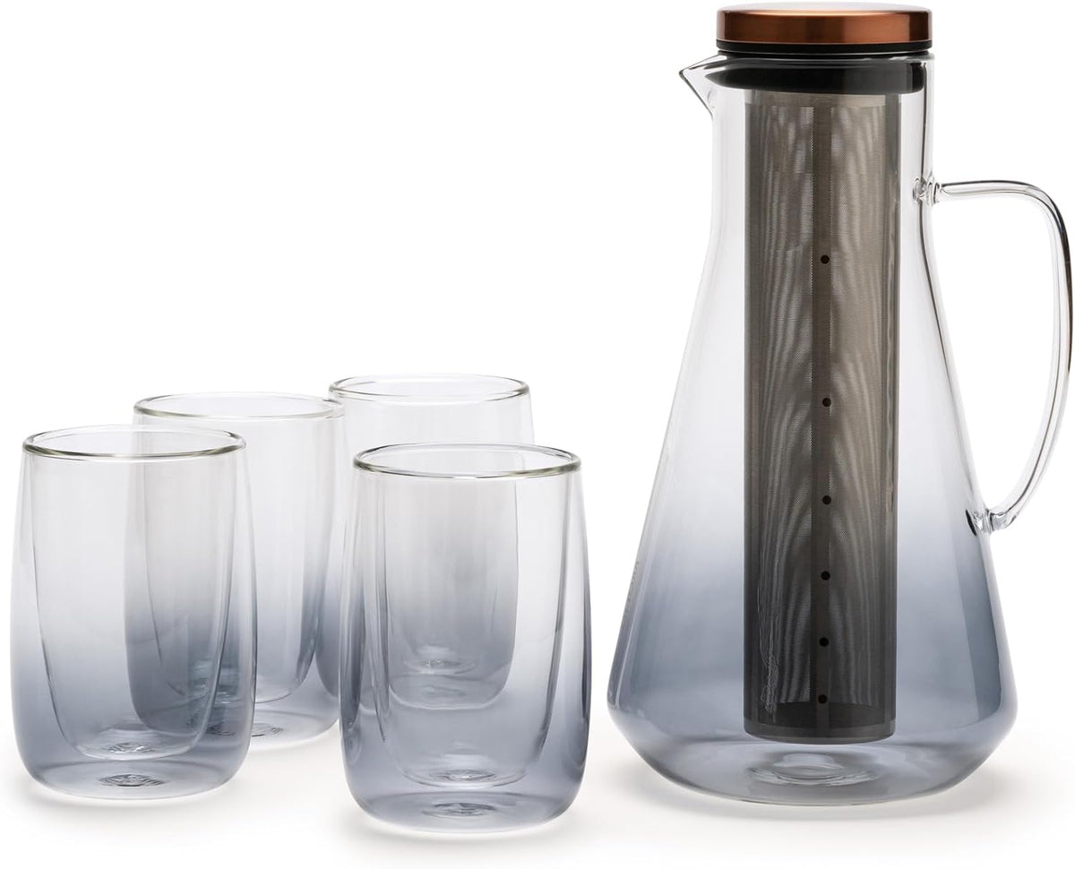 Juego jarra de café frío y vaso doble pared de borosilicato 54 oz con filtro acero inoxidable