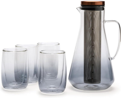 Juego jarra de café frío y vaso doble pared de borosilicato 54 oz con filtro acero inoxidable