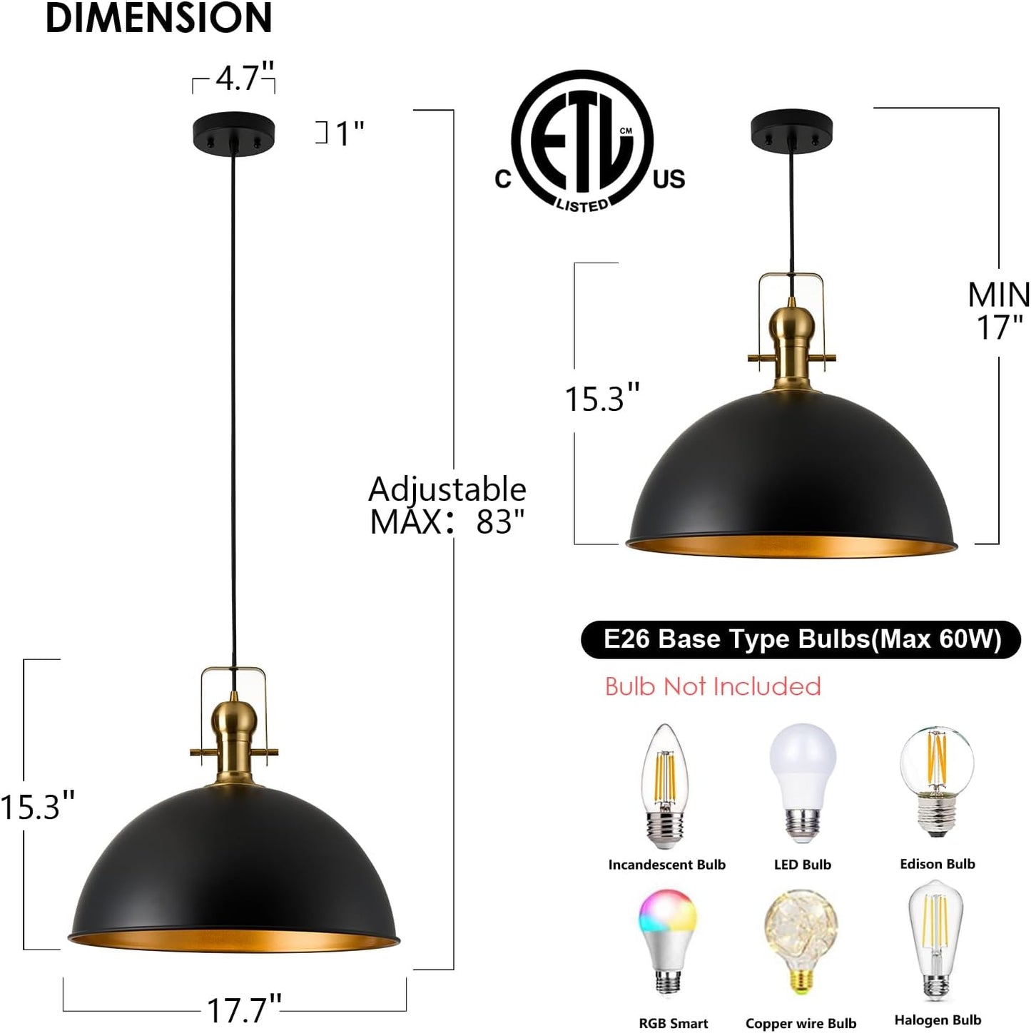 Luces colgantes negras 18pulg altura ajustable vintage