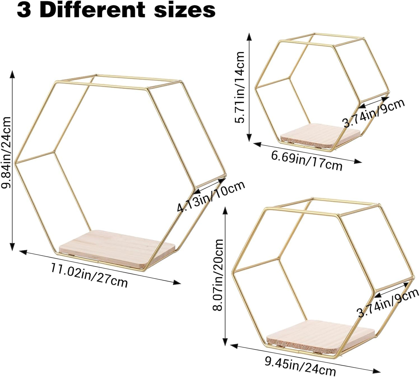 Estantes flotantes hexagonales dorados set 3