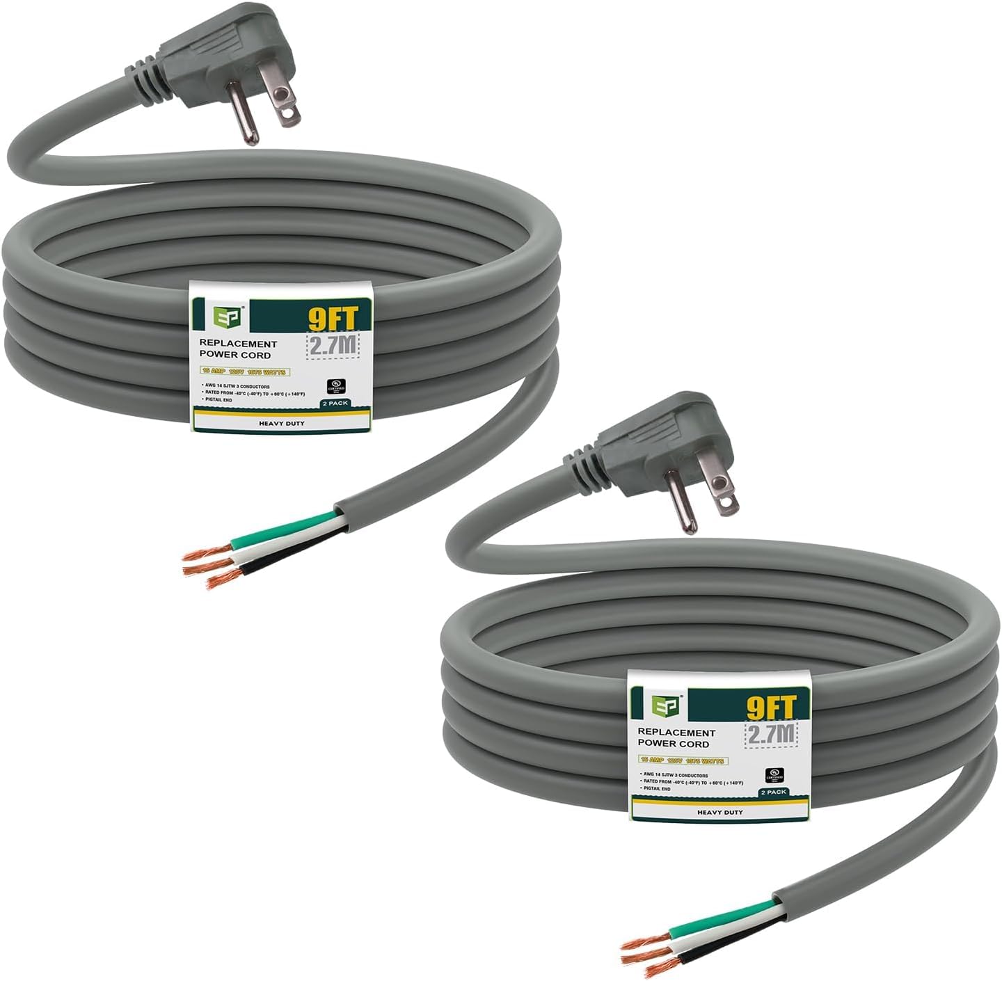 2 Cables 9ft enchufe plano para electrodomésticos gris