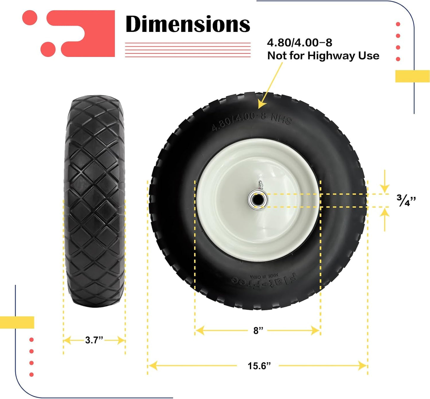 2 Ruedas Carretilla 4.80-8 Cubo 3-6" Rodamientos 3/4" Kit