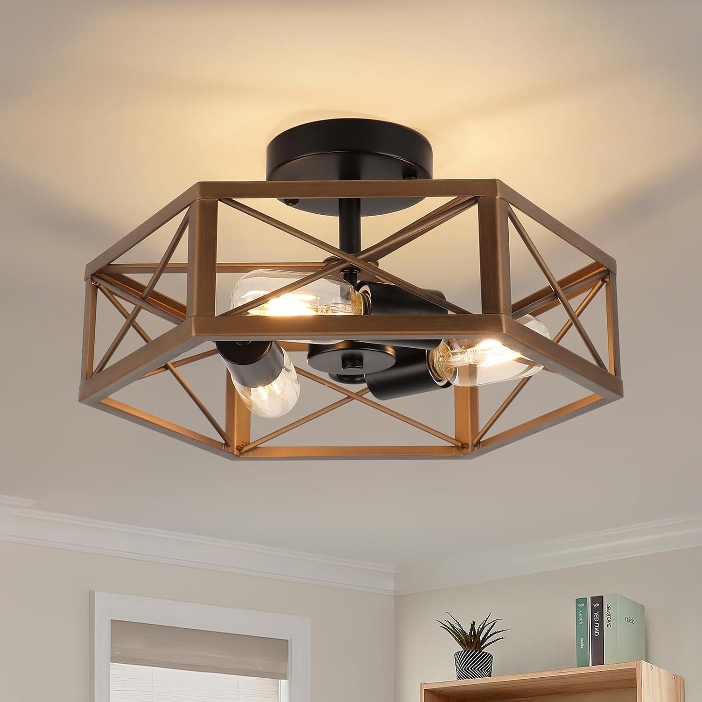 Lámpara techo empotrado 3 luces hexagonal bronce cocina