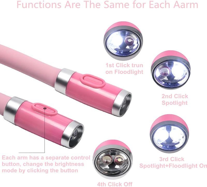Luz cuello LED 3 brillos 2 brazos flexibles para leer en cama