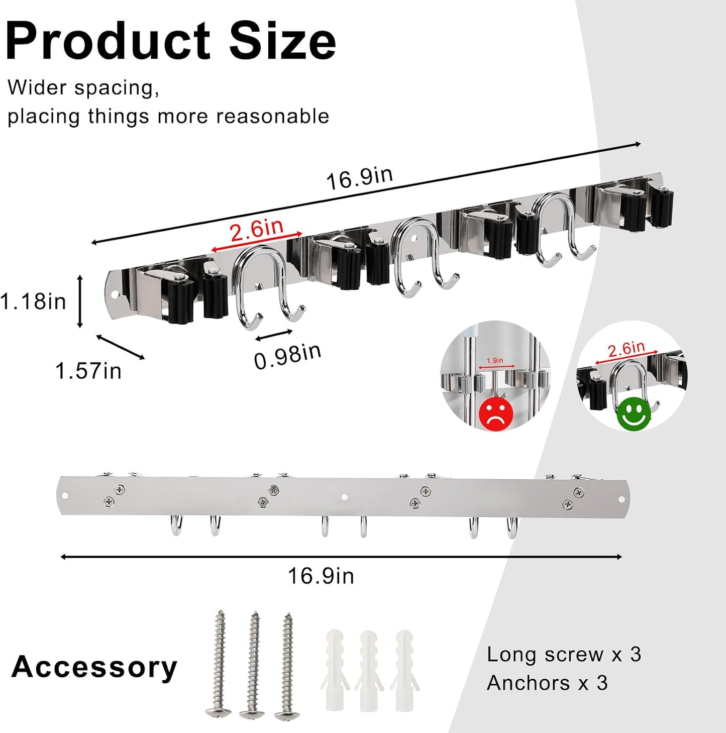 Soporte pared escoba fregona acero inox plateado 4 ranuras