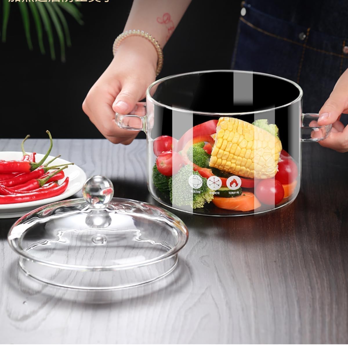 Olla vidrio borosilicato 2300ml con tapa asa para estufa