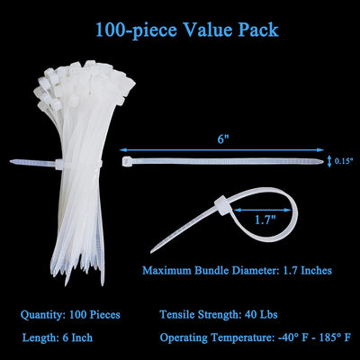 100 Bridas 6pulg AutoBloqueo 40lb Interior Exterior Blanco
