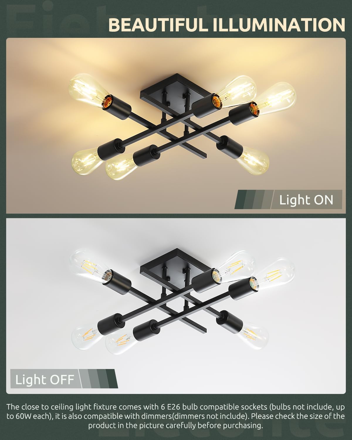 Lámpara techo semiempotrada 6 luces industrial negra E26