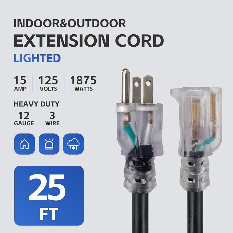 Cable extensión negro 25ft 12AWG 3 clavijas resistente agua