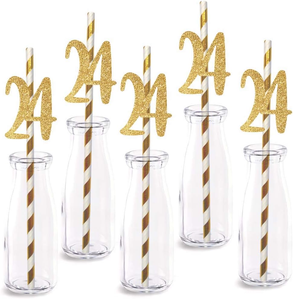 Pack 24 pajitas decorativas cumpleaños 24 años con purpurina
