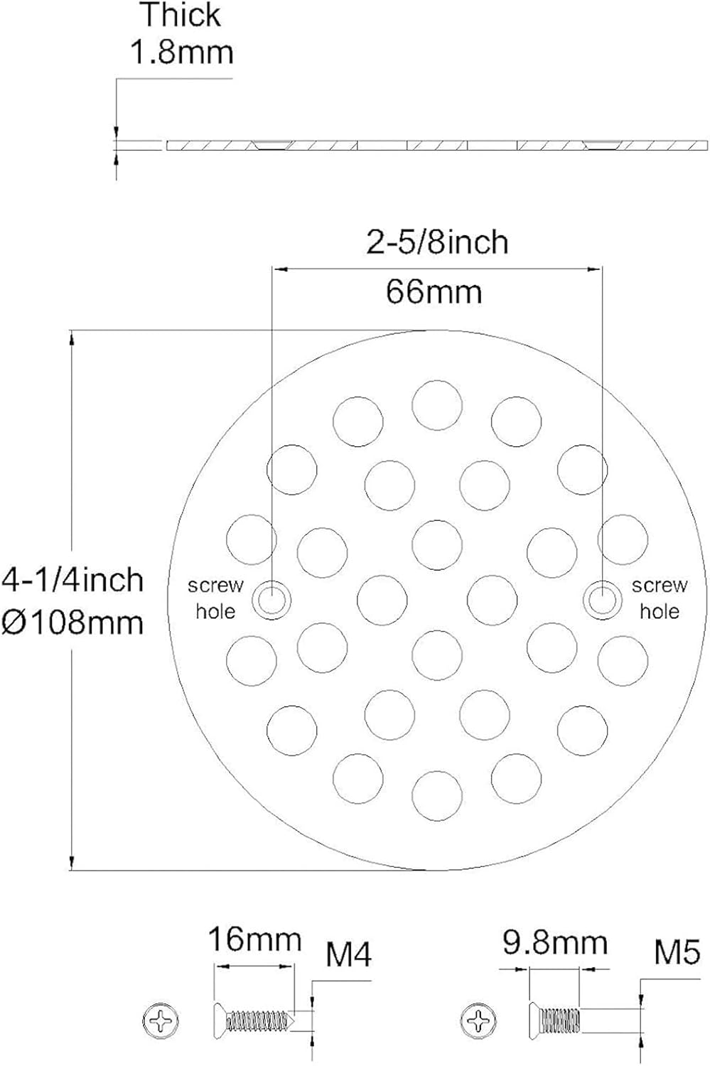 Rejilla drenaje piso acero inox 304 rosca 4-1/4 pulg níquel