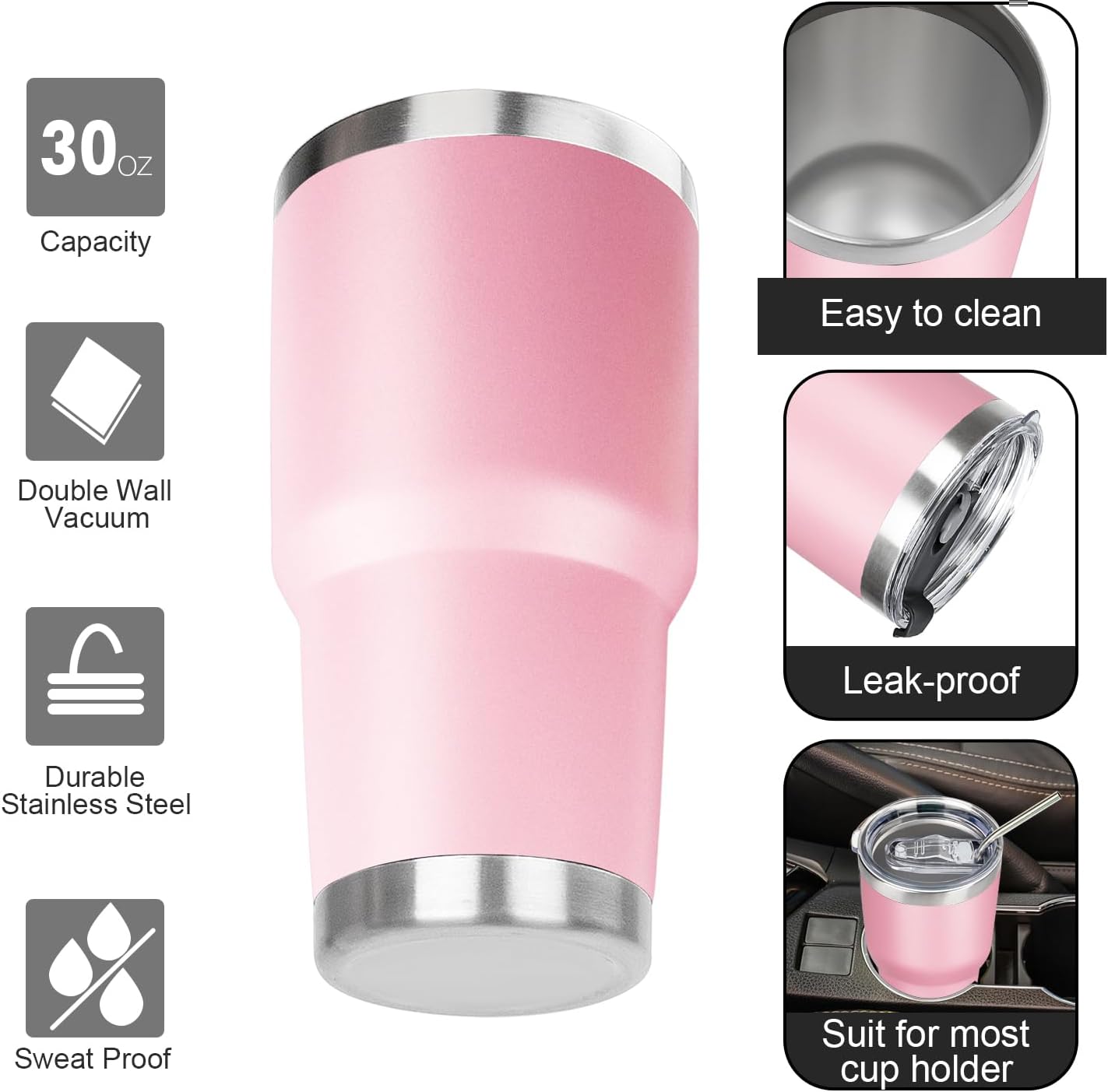 Vaso acero inox 30oz con tapa y pajilla térmico rosa