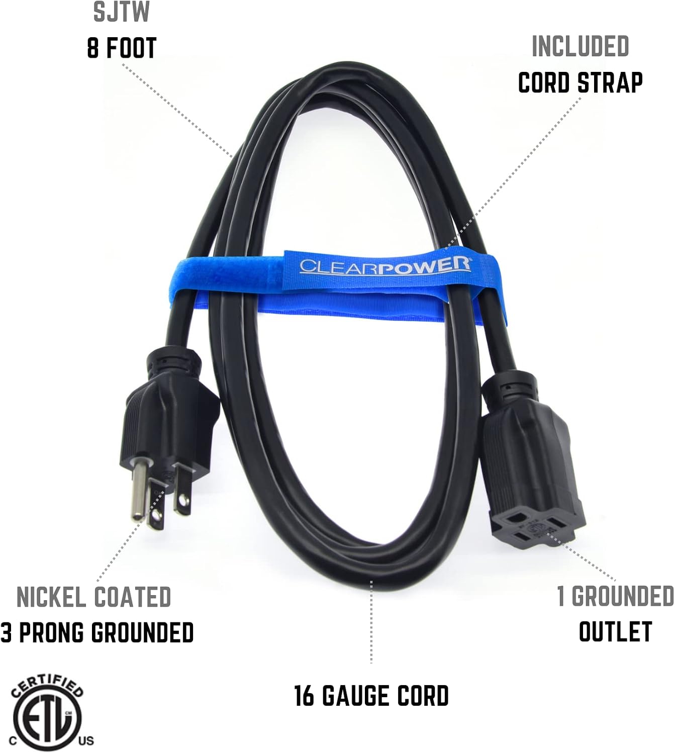 Cable extensión 8ft 16/3 SJTW negro resistente agua