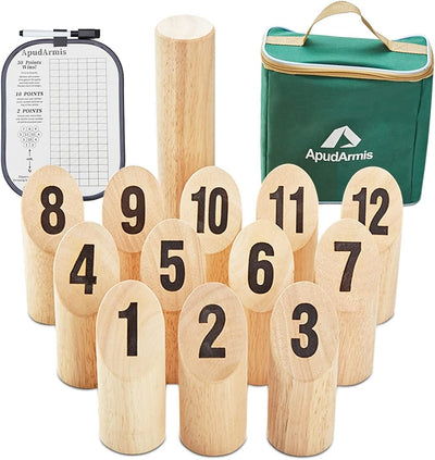 Set lanzamiento madera bloques numerados estuche transporte