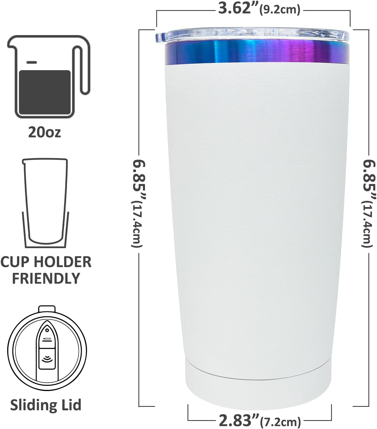 Vaso acero inox 20oz con tapa y pajita térmico doble pared