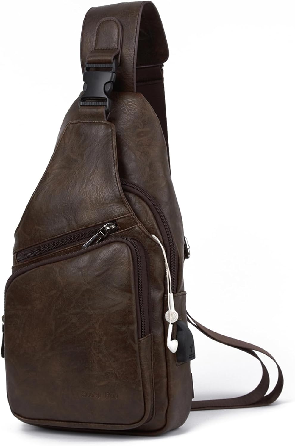Bolso bandolera cuero hombre impermeable con USB Café Oscuro