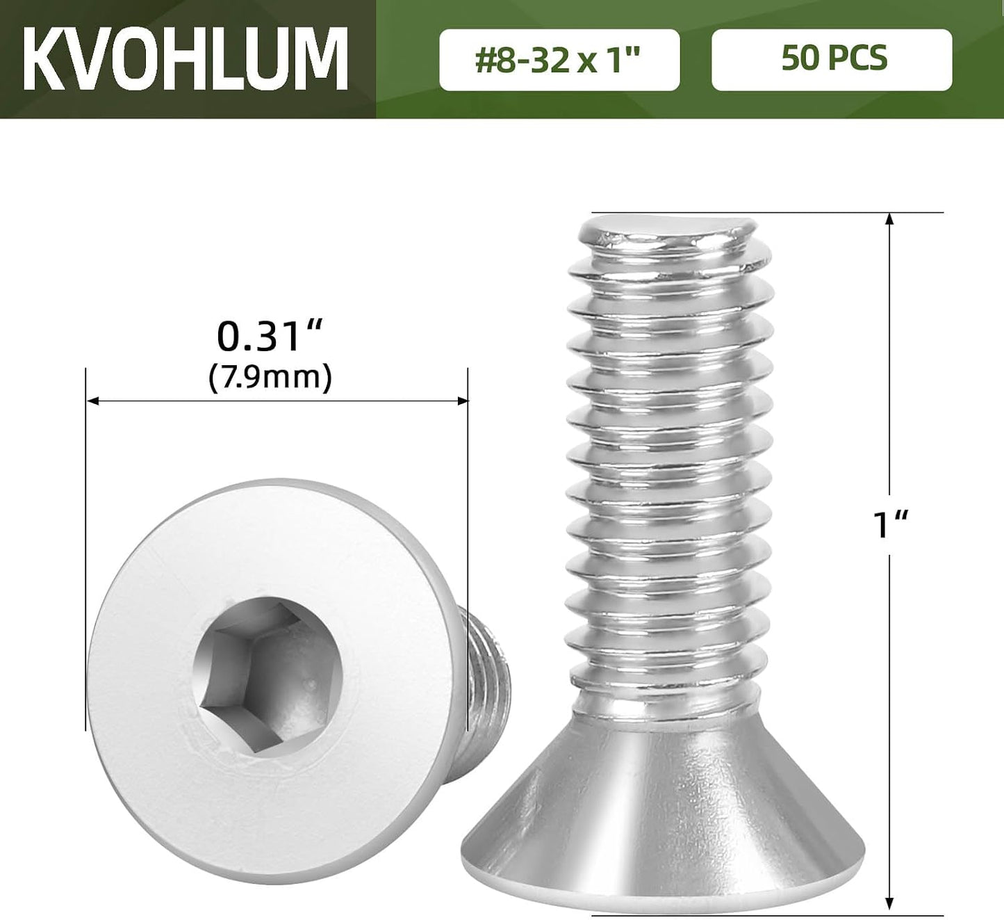 50 Tornillos Planos #8-32 x 1 Acero Inox 304