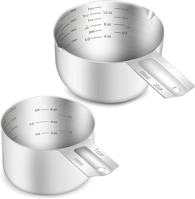 Set 2 Tazas Medidoras Acero Inox 16.2oz 8.1oz Cuchara Grabada