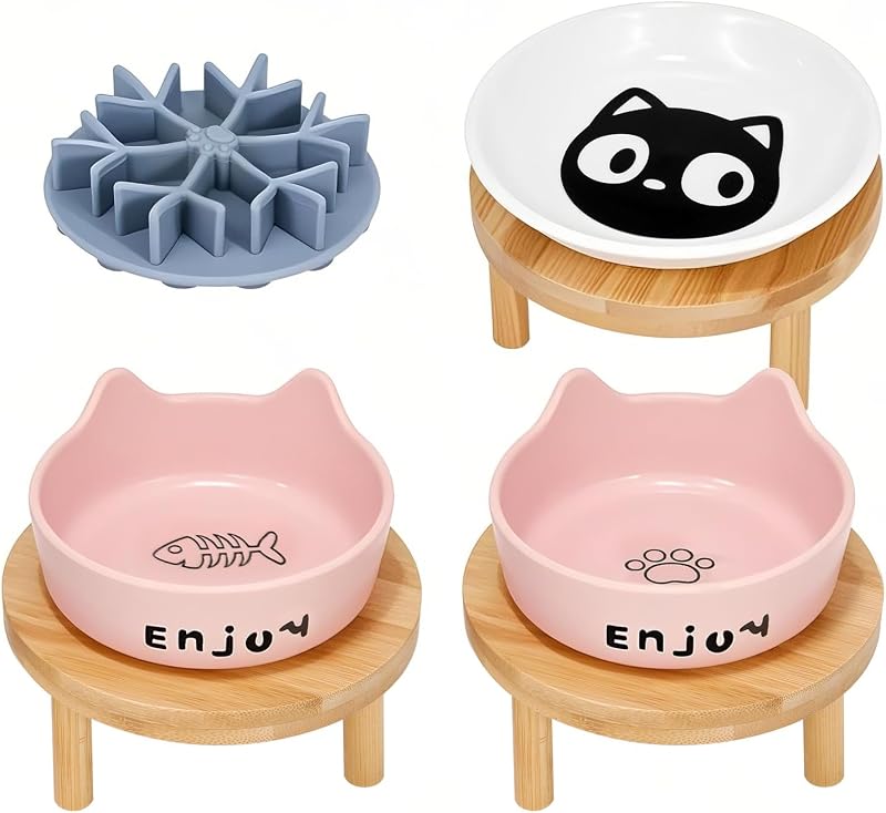 3 Cuencos Elevados para Gatos Cerámica Soporte Bambú Rosa