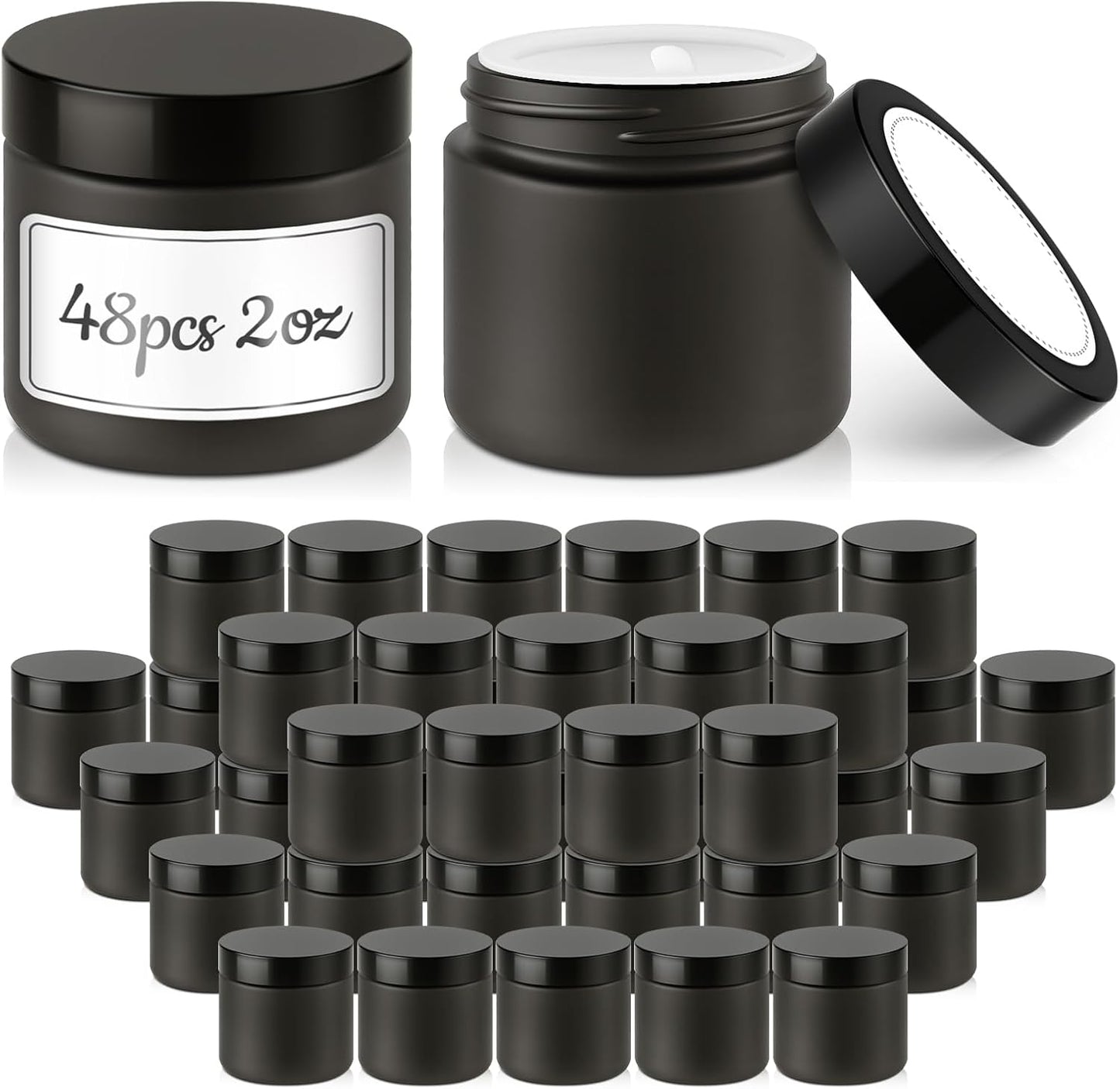 Tarros vidrio 2oz con tapas negras set 48 para crema loción