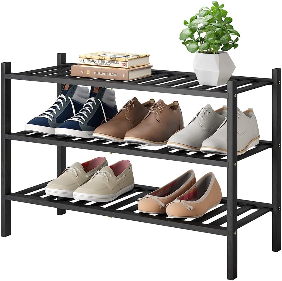 Zapatero apilable 3 niveles bambú soporte zapatos entrada