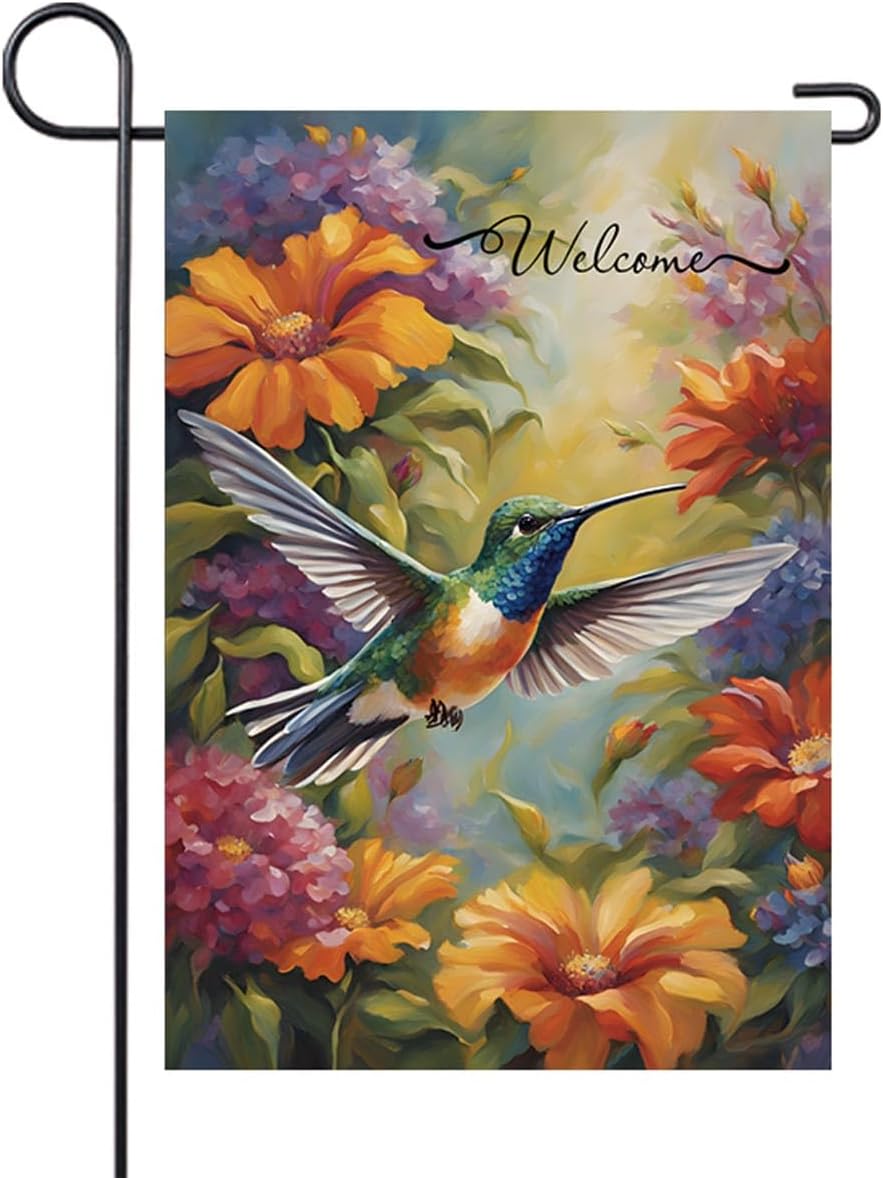 Bandera primavera jardín 12x18pulg doble cara flor colibrí