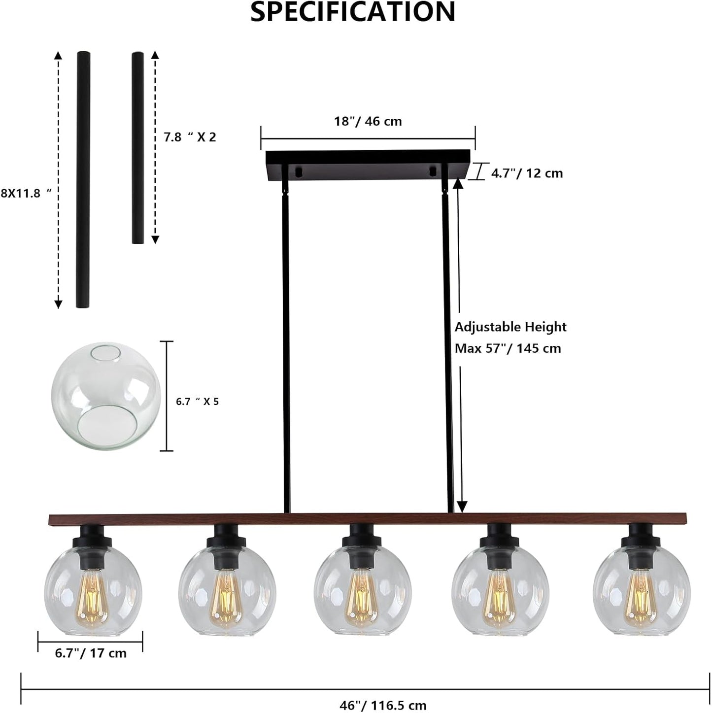 Candelabro 5 luces vidrio madera negra ajustable
