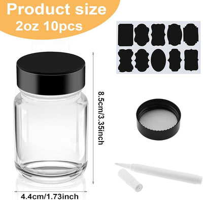 10 Botellas Vidrio 2oz Boca Ancha Tapas Etiquetas Negras Jugo Viaje