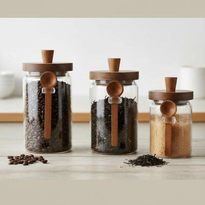 Recipientes de vidrio con tapas herméticas y cucharas, paquete de 3, para café, té y despensa, sin BPA
