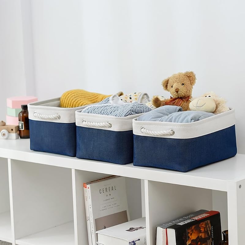 Canasta tela plegable 14x10x7" 3uds blanco y azul jean