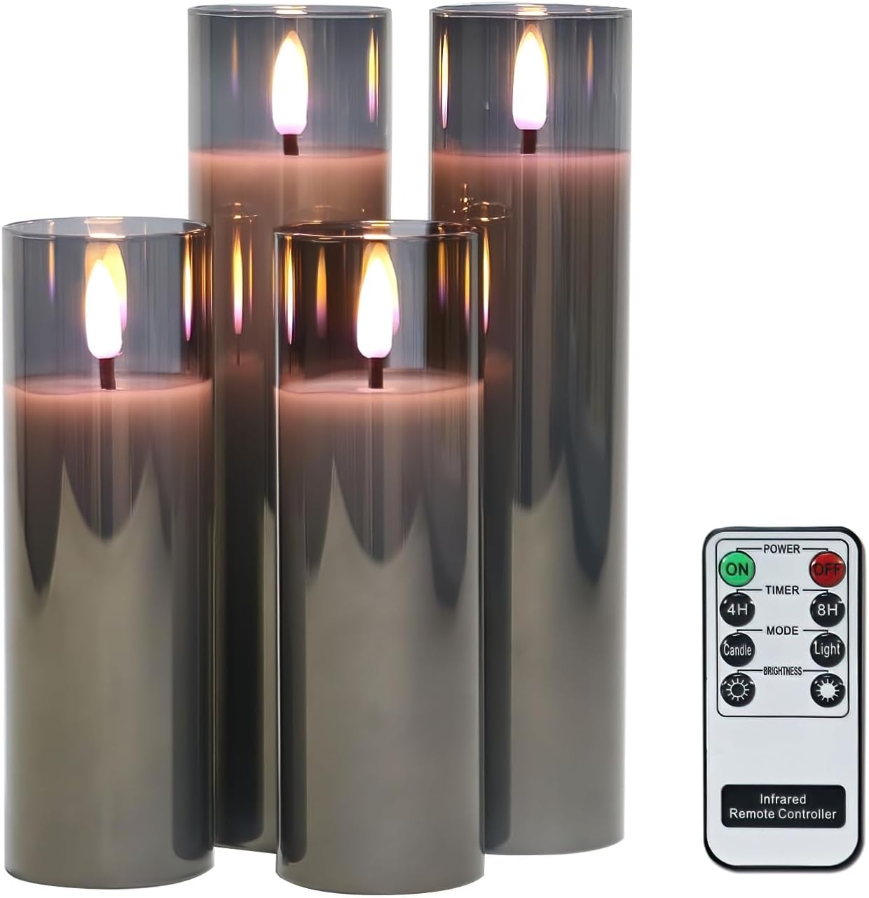 Velas LED vidrio sin llama control remoto 4 pzas gris