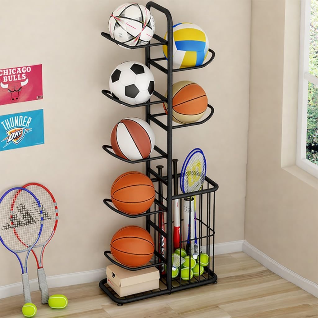 Estante deportivo para 7 bolas y baloncesto 57.5pulg negro