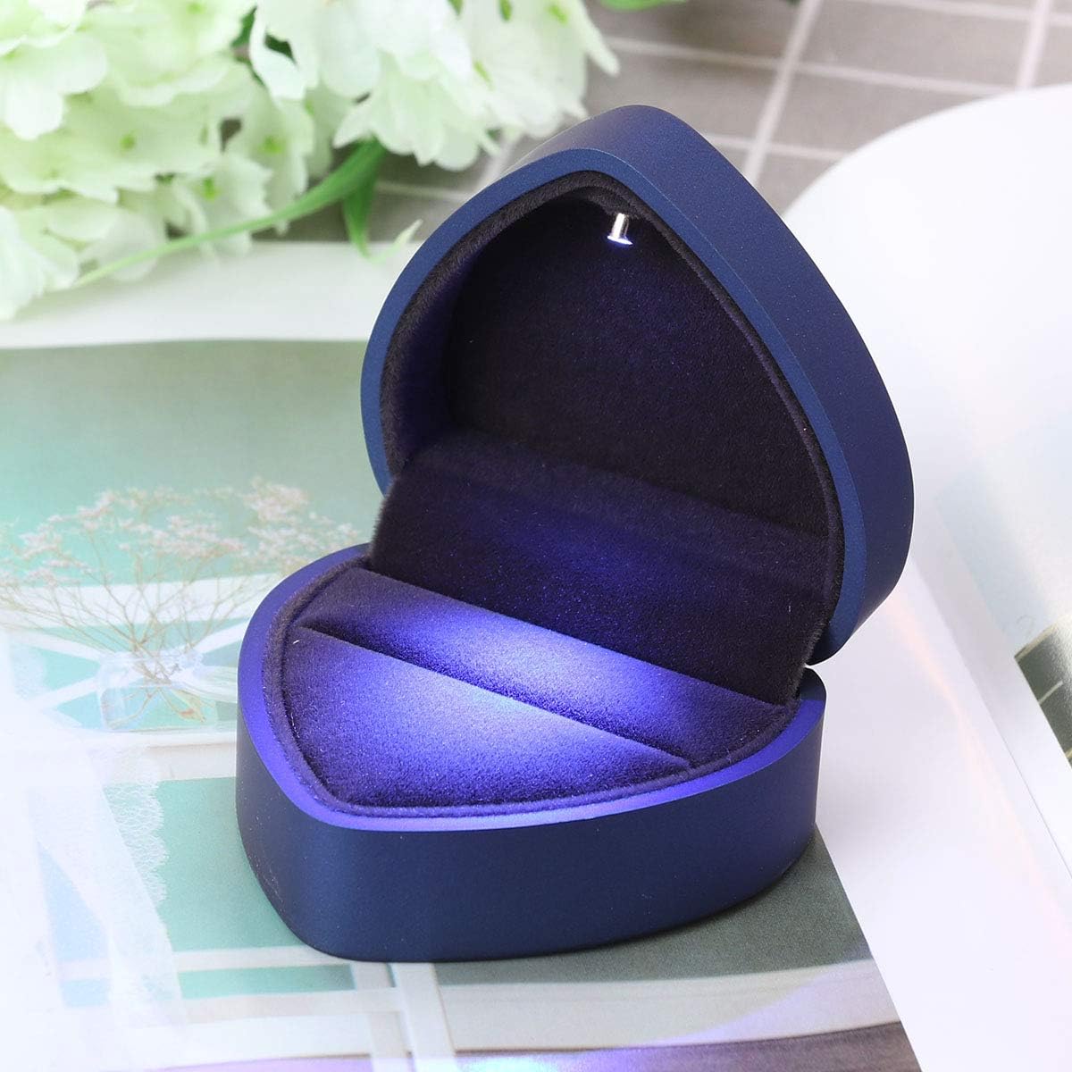 Caja anillo propuesta con luz LED aretes corazón aniversario