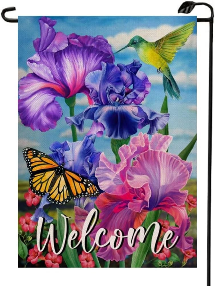 Bandera jardín iris 12x18pulg doble cara flor mariposa