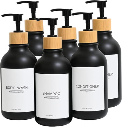Botellas champú acondicionador bambú recargables 6uds negro