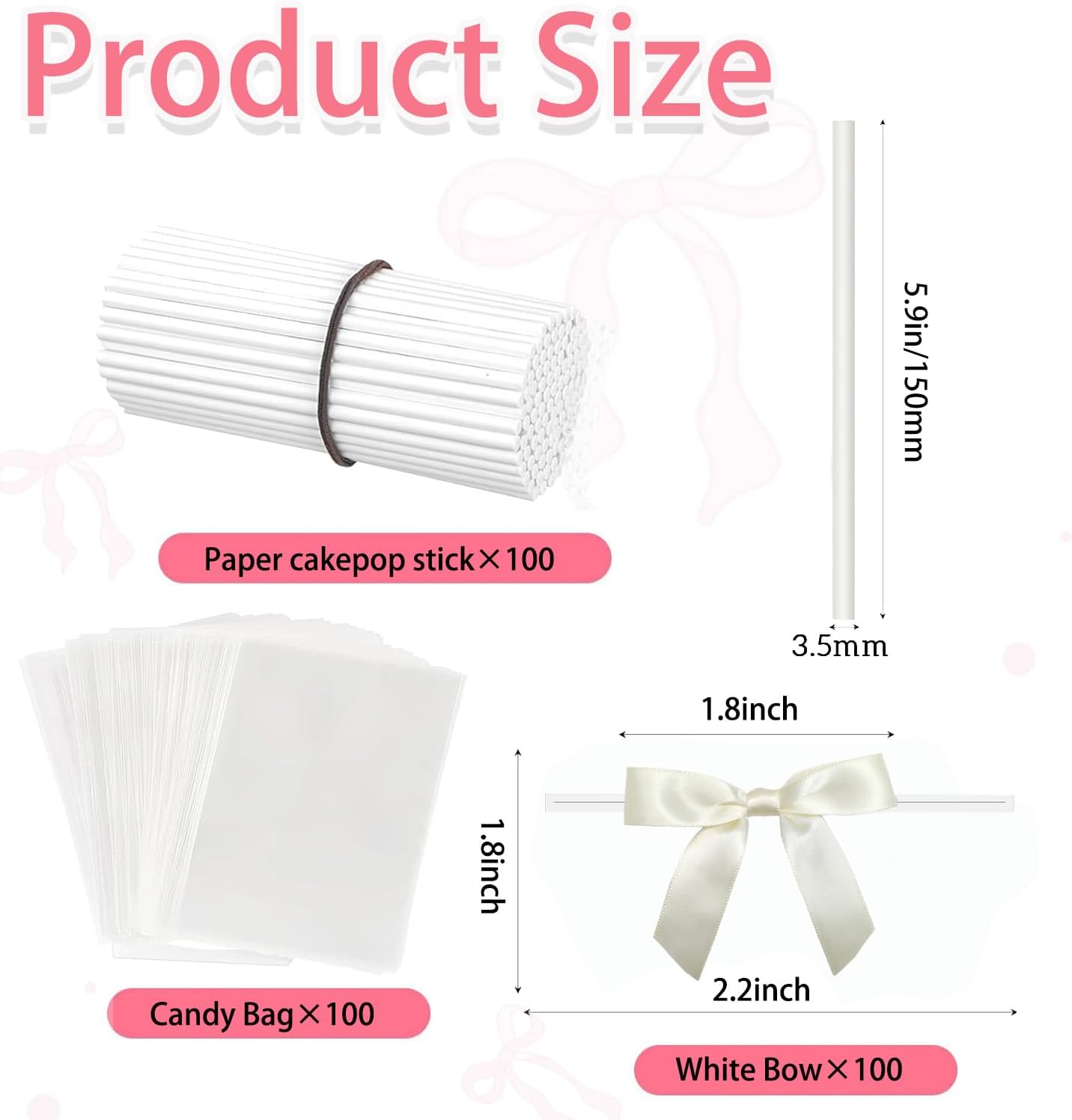 Juego de 100 palitos para tartas y bolsas de golosinas con envoltorios y corbatines blancos