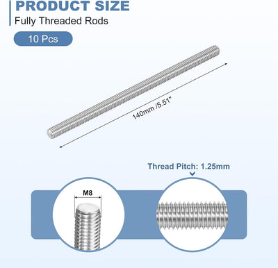 10 Pzas Varillas M8-1.25x140mm Acero Inox 304 Plateado