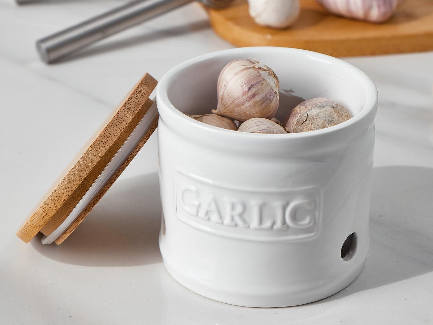 Recipiente ajos cerámica 4pulg blanco con tapa